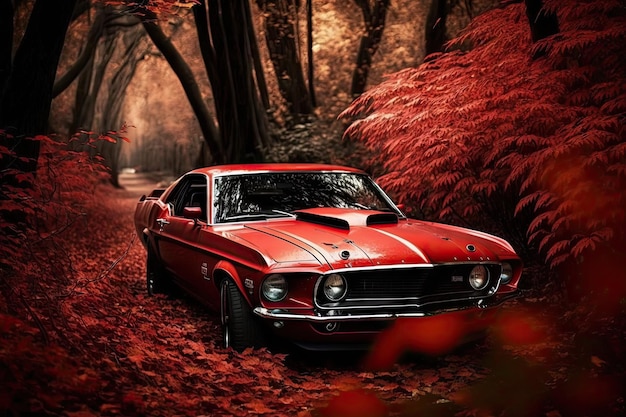 Laserrotes Muscle-Car im Herbstwald