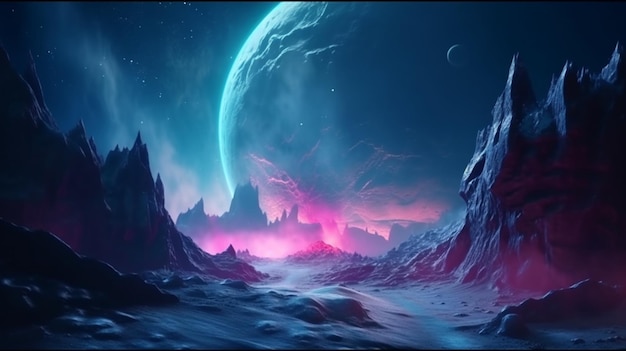 Lasers de néon de cor pastel no planeta alienígena com gelo e nevoeiro Galáxia colorida no espaço sideral