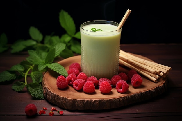 Lassi bebida com framboesas em um copo com hortelã e um tubo de bambu em uma tábua de madeira