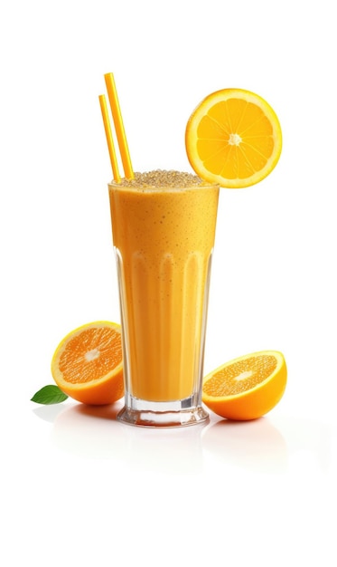 Lassi de laranja Smoothie fresco com fruta laranja em tiro de estúdio de fundo branco isolado