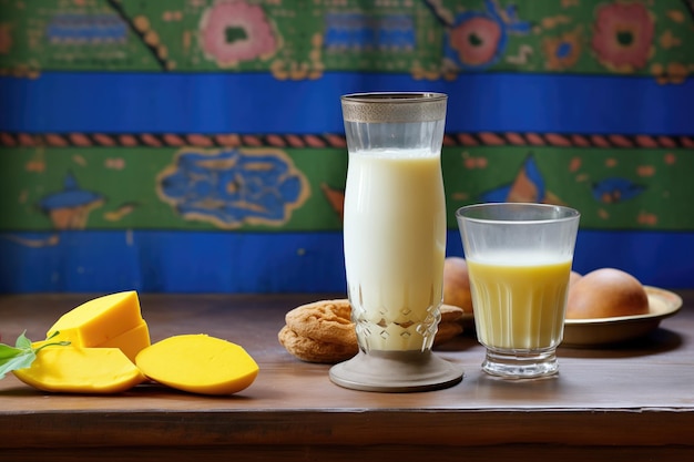 Lassi junto a una pila de mangos cortados