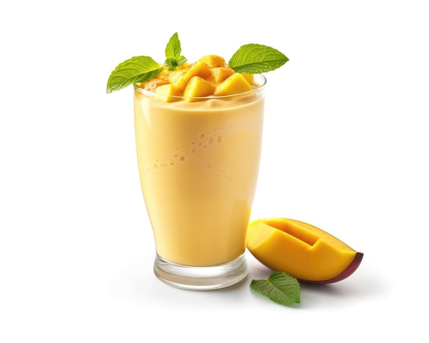 Lassi de mango batido fresco con fruta de mango en una foto de estudio de fondo blanco aislado