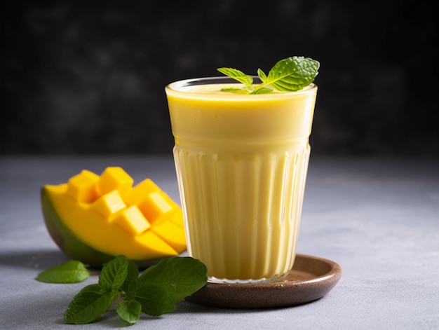 Lassi de mango con hojas de menta en un plato de madera