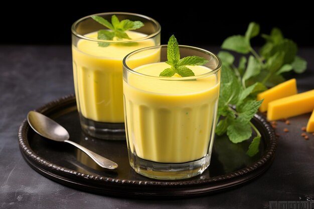 Lassi de mango picante y refrescante servido en un vaso