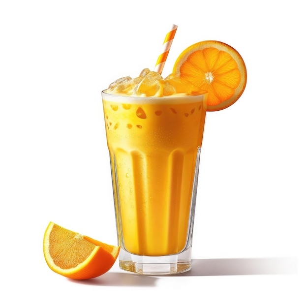 Lassi de naranja batido fresco con fruta de naranja en una foto de estudio de fondo blanco aislado