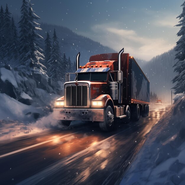 Lastwagen auf einer Winterstraße mit Schnee und Eis
