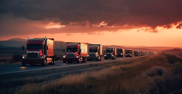 Lastwagen fahren bei Sonnenuntergang auf einer Autobahn