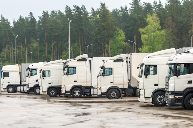 Lastwagen in Folge mit Containern auf dem Parkplatz in der Nähe des Waldes Logistik- und Transportkonzept