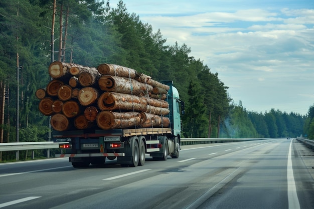 Foto lastwagen mit anhänger, der mit baumstämmen auf einer deutschen autobahn beladen ist