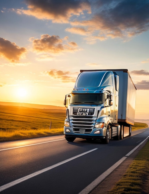 Lastwagen mit Lastenanhänger fährt auf einer Autobahn. Weißer LKW liefert Waren in den frühen Morgenstunden