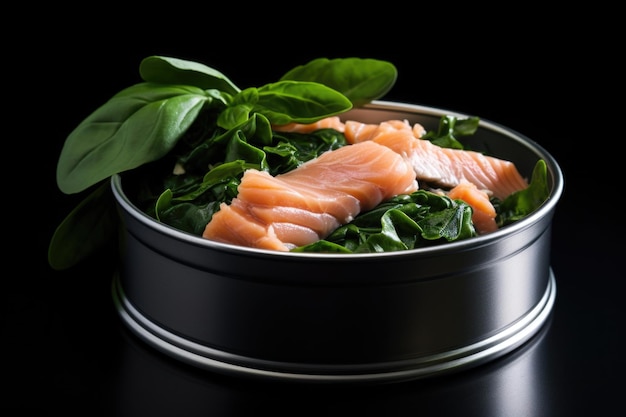 Una lata abierta de filete de salmón saludable con verduras