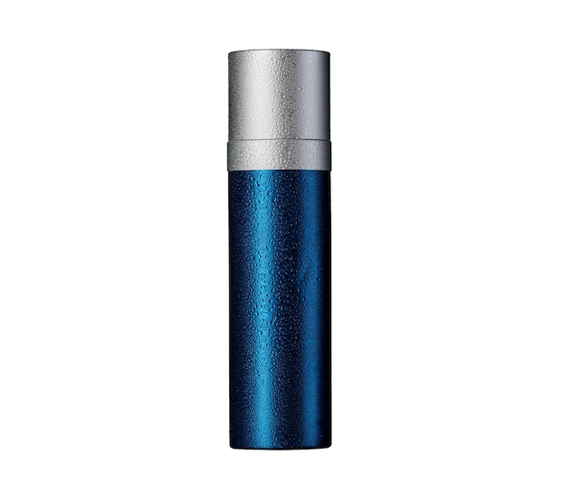 Lata de aerosol de aluminio azul para maqueta de diseño de producto de perfume de espuma de afeitar desodorante de mousse aislado sobre fondo blanco