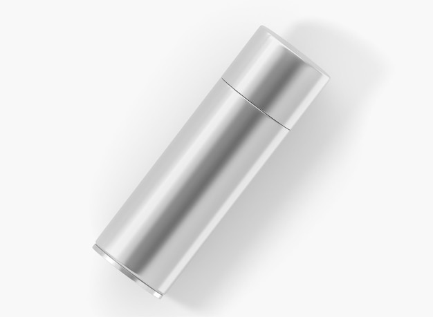 Lata de aerosol botella de aerosol de aluminio en blanco con tapa cerrada contenedor de plata para pintura desodorante laca para el cabello o insecticida aislado en la vista superior de fondo blanco Maqueta de embalaje de renderizado 3d realista