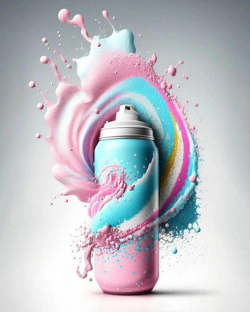 Una lata de aerosol con colores rosa, azul y blanco se rocía sobre un fondo gris.