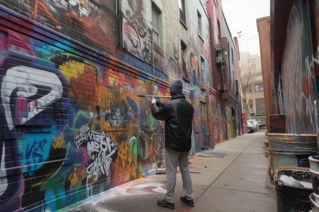 Lata de aerosol en mano artista trabajando en la pared de un callejón lleno de grafitis creado con ai generativo