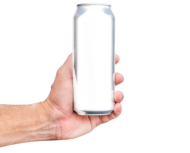 Foto lata de aluminio brillante de maqueta de mano aislada sobre fondo blanco con trazado de recorte