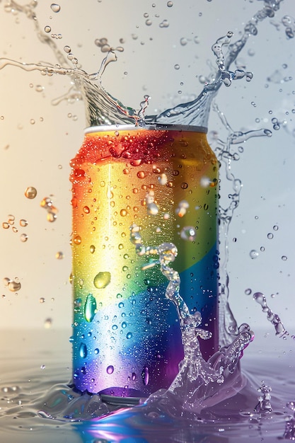 Una lata de aluminio de color arco iris vibrante cubierta de gotas de agua