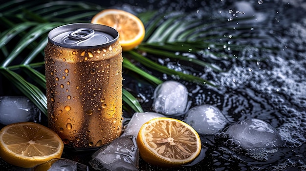 lata de aluminio con cubos de hielo rebanadas de limón y hoja de palma sobre fondo negro Maqueta