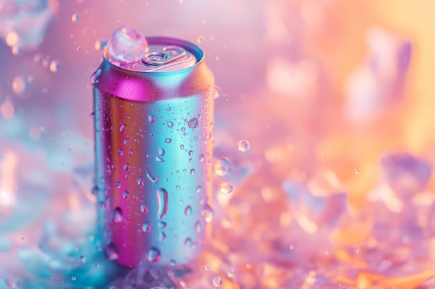 lata de aluminio holográfica con refrescante bebida fría maqueta de producto de una lata de soda volando en el aire con cubos de hielo gotas y salpicaduras flotando alrededor del arco iris gradiente espacio de fondo para el texto