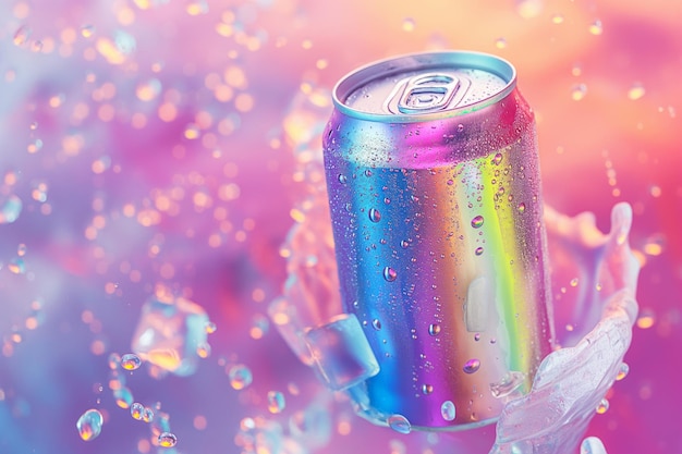 lata de aluminio holográfica con refrescante bebida fría maqueta de producto de una lata de soda volando en el aire con cubos de hielo gotas y salpicaduras flotando alrededor del arco iris gradiente espacio de fondo para el texto