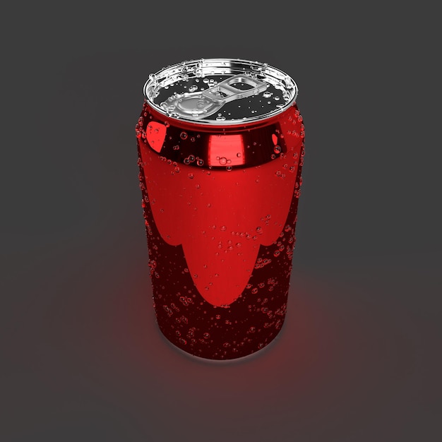 Una lata de aluminio realista con gotas de agua que proporciona una imagen refrescante sobre un simple fondo rojo