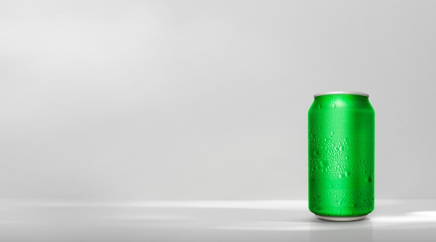 Foto lata de aluminio verde con gotas de agua sobre fondo blanco.