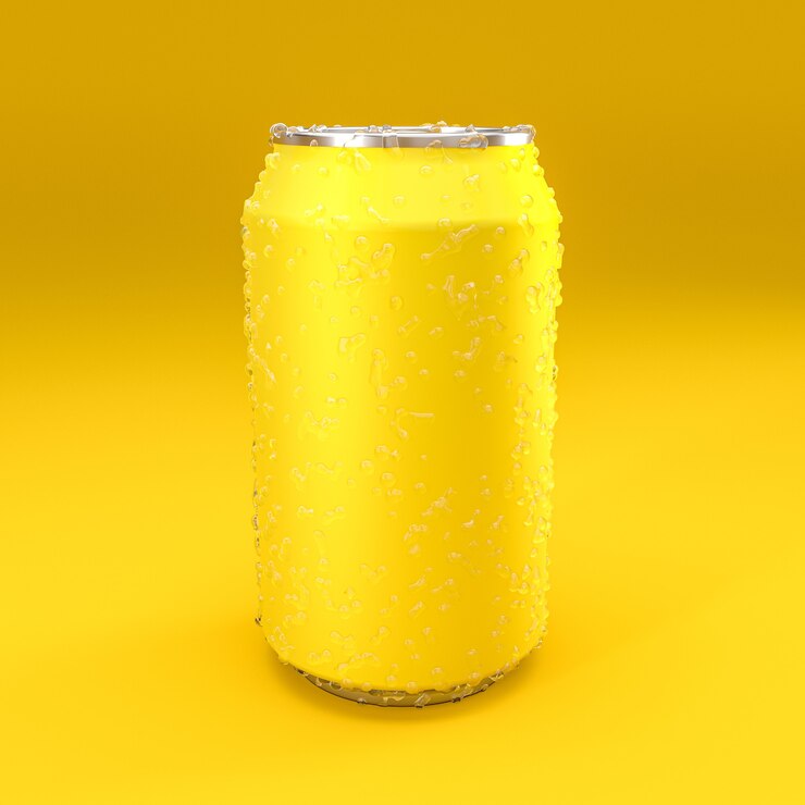 Lata amarilla sobre un fondo amarillo con condensación. Render 3d