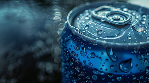 una lata azul de refresco con gotas de agua en ella