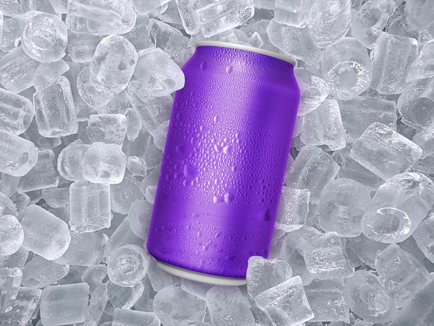 Una lata de bebida fría, un cubo de hielo, una bebida refrescante de verano.