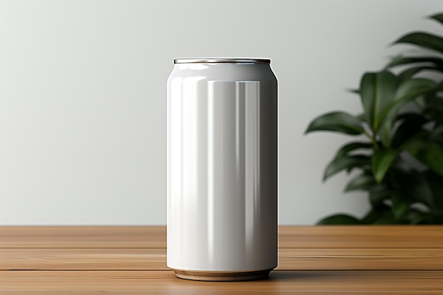 una lata blanca de cerveza se sienta en una mesa de madera