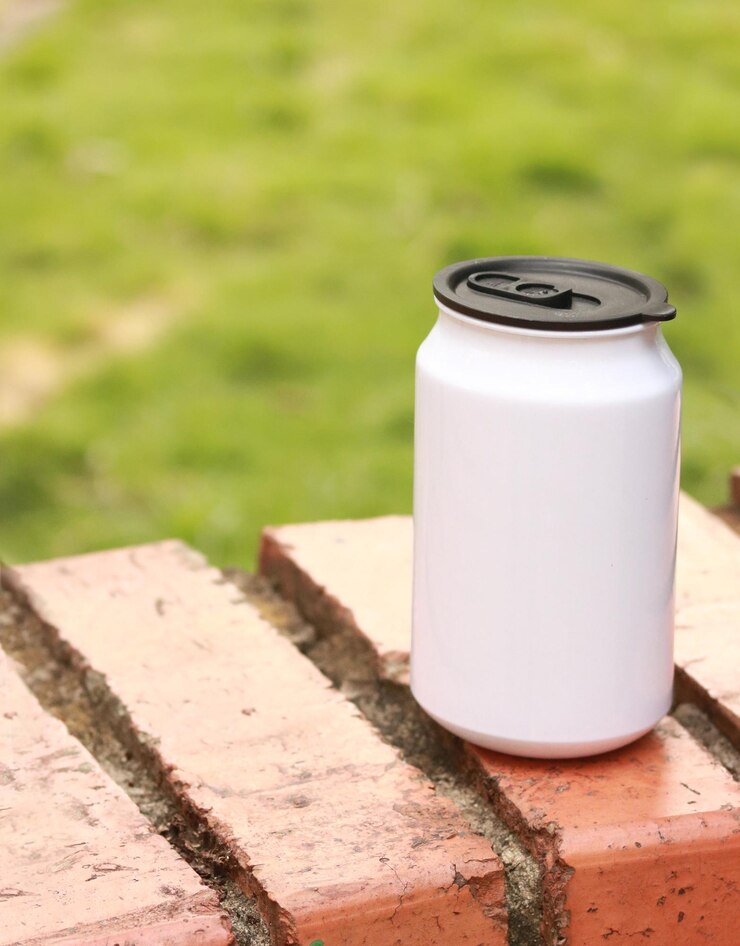 lata blanca Mockup can. Hojalata sobre ladrillos. Puede en el parque.