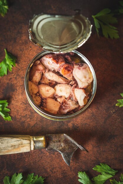 Una lata de carne de pulpo con una botella de agua sobre una mesa.