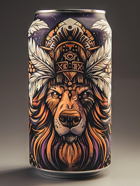 Una lata de cerveza con una ilustración en ella que representa la cabeza y la cara de un perro en guerrero con el pelo como una melena de león un tocado blanco pelaje negro alrededor de los ojos y un hocico marrón