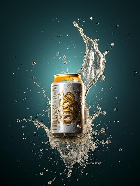 una lata de cerveza que dice "lager" está en agua.