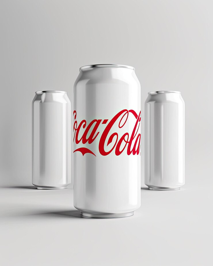una lata de coca cola se sienta en una superficie blanca