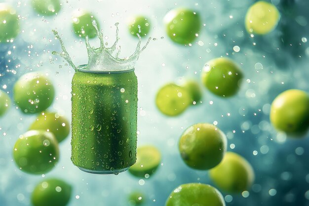 Lata de alumínio com refrescante bebida fria de suco de frutas espumantes e cítricos Modelo de produto de uma lata de refrigerante voando no ar com limões Gotas de suco salpicando em torno de fundo verde