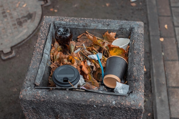 Lata de lixo cheia na limpeza da rua da cidade do parque