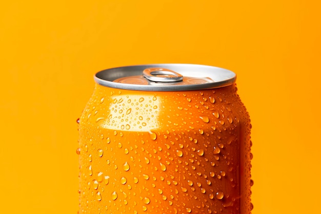 Lata de refrigerante fresco com água cai sobre fundo laranja closeup Generative AI