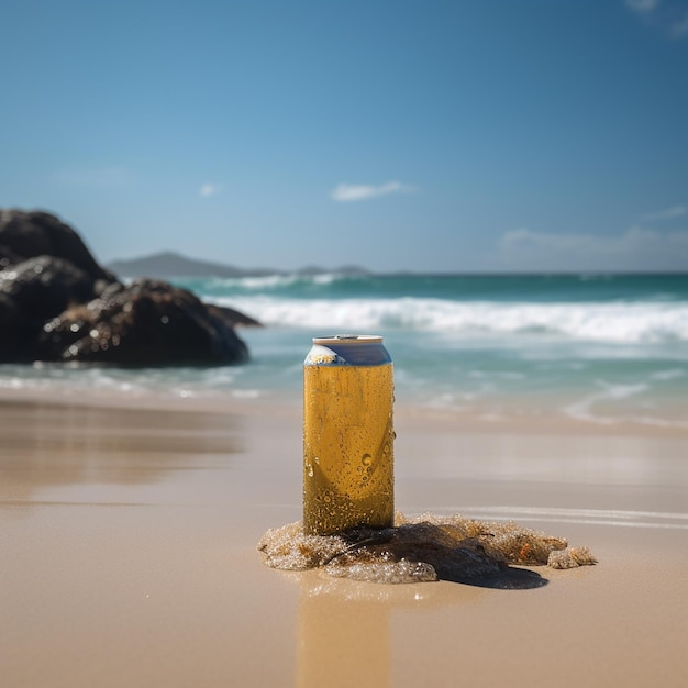Lata fría empañada de cerveza fresca cubierta con gotas de agua en la playa contra el fondo del mar