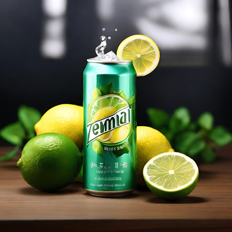 Foto una lata de jugo de limón se sienta en una mesa con limones y limones
