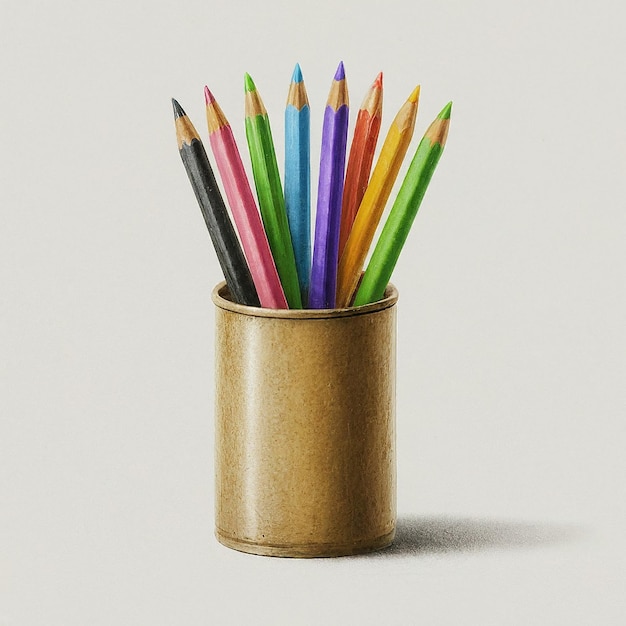 una lata de lápices de colores con un dibujo de un lápiz en ella