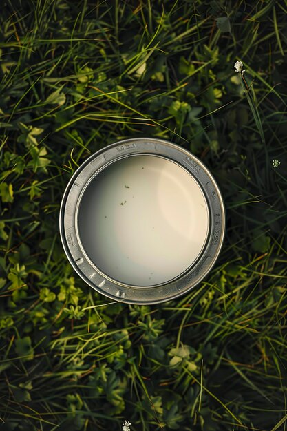 Una lata de leche fresca en acero en el campo de hierba vista superior