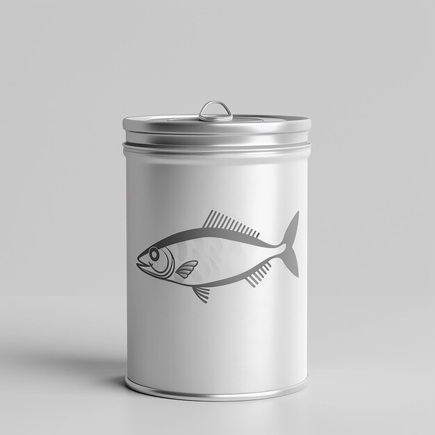 Foto una lata de pescado está en una superficie blanca