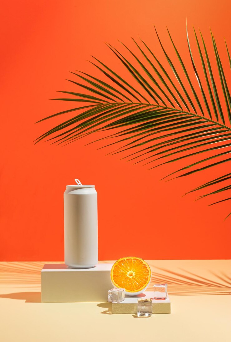 Lata pintada de blanco con fruta de naranja helada y hoja de palma tropical en el podio del producto Idea de bebida de verano