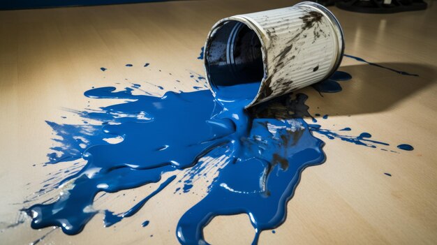 Foto una lata de pintura azul en el suelo con salpicaduras de pintura