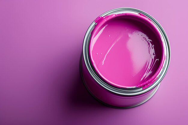Una lata de pintura rosa con un fondo púrpura y una tapa blanca en ella