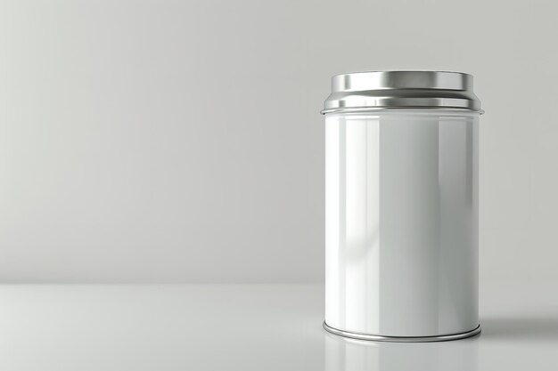 una lata de plata con una tapa de plata se sienta en un estante