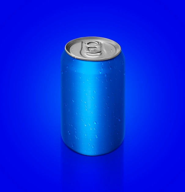 Lata de refresco azul de aluminio sobre fondo azul para el diseño