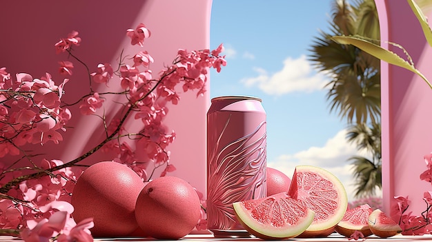 Una lata de refresco con un fondo de sandía rosa vibrante