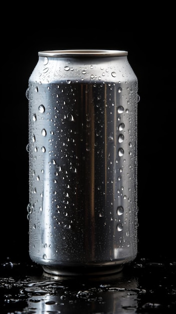 Foto una lata de refresco con gotas de agua